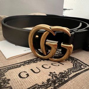 GUCCI LEATHER BELT WITH DOUBLE G BUCKLE